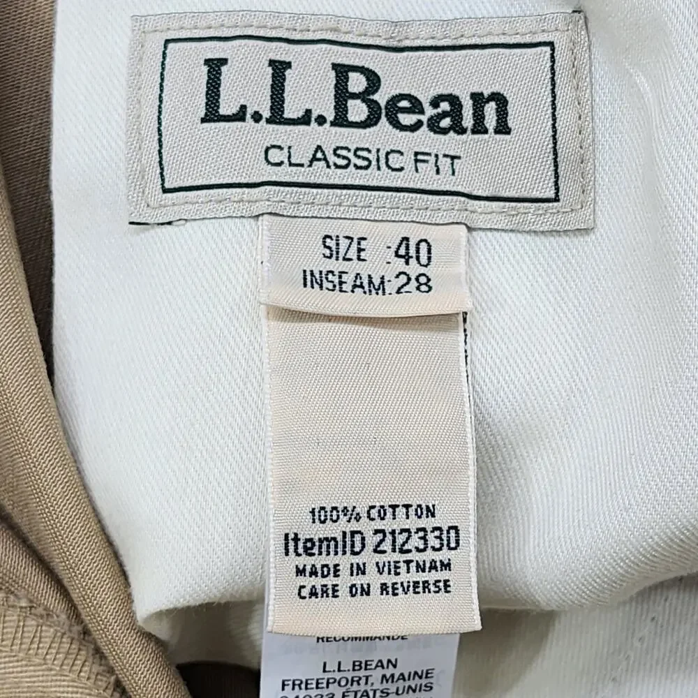 LL Bean Pants‎ Mens 40x28 Tan Khaki Classic Fit Flat Front Chinos Pockets Office